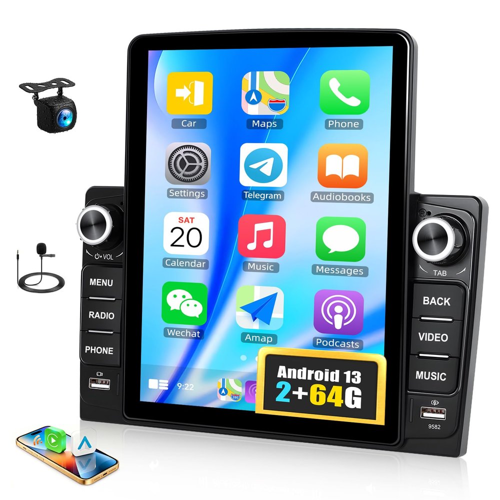 [2+64G] Android 13 Double Din Car Stereo with Wireless CarPlay&Android Auto, 9.5" Vertical HD Touch Screen Car Radio,Mirror Link,GPS Navigation,WiFi,FM/RDS,Bluetooth,USB Music/Fast Charging,EQ,SWC