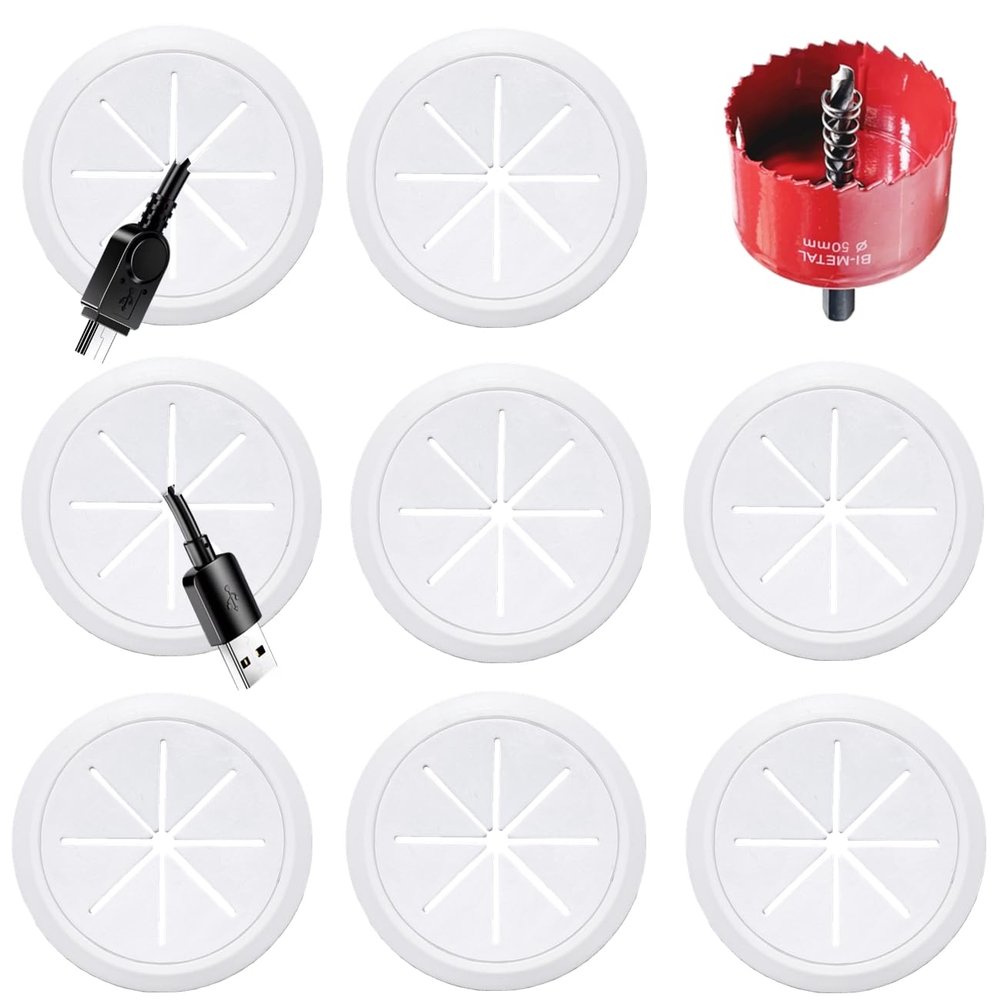 8 Pack TV Wire Hider for Wall, 1.97 Inch (50mm Hole) Cord Hider in Wall Cable Management Kit, Includes 8 Pass Throughs and 1 Hole Saw Drill Attachment Easy to Install