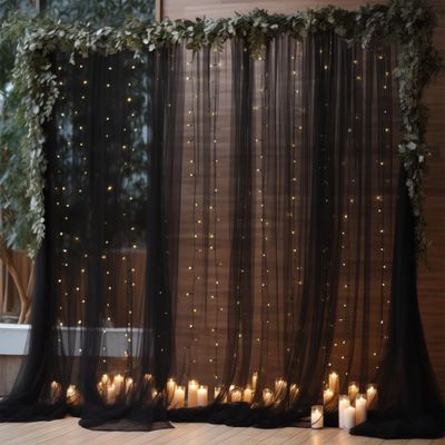 10ft x 8ft Black Backdrop Curtain with Lights String for Parties, Sheer Tulle Wedding Photo Backdrops Drapes for Baby Shower Birthday Party Decorations Background for Photography