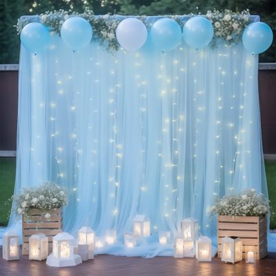 10ft x 8ft Blue Backdrop Curtain with Lights String for Parties, Sheer Tulle Wedding Photo Backdrops Drapes for Baby Shower Birthday Party Decorations Background for Photography