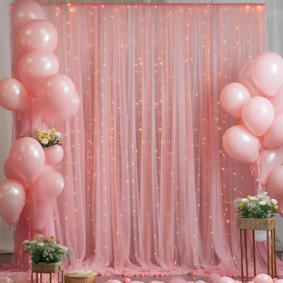 10ft x 8ft Dusty Rose Backdrop Curtain with Lights String for Parties, Sheer Tulle Wedding Photo Backdrops Drapes for Baby Shower Birthday Party Decorations Background for Photography