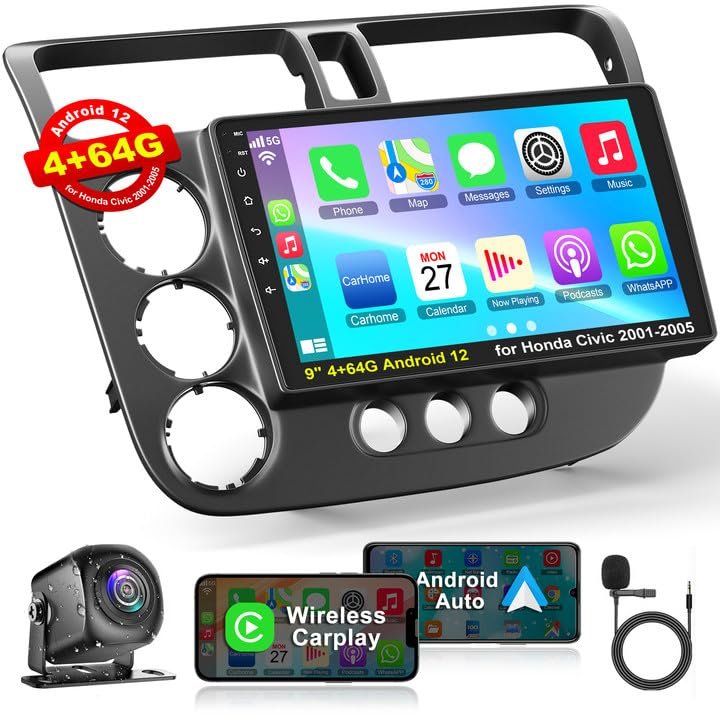 for Honda Civic 2001 2002 2003 2004 2005, Wireless Carplay&Android Auto Radio Support Bluetooth5.2, 9'' IPS Touchscreen Car Stereo with Reverse Camera/GPS/WiFi/Steering Wheel Control/FM/OBD2/DVR/TPMS