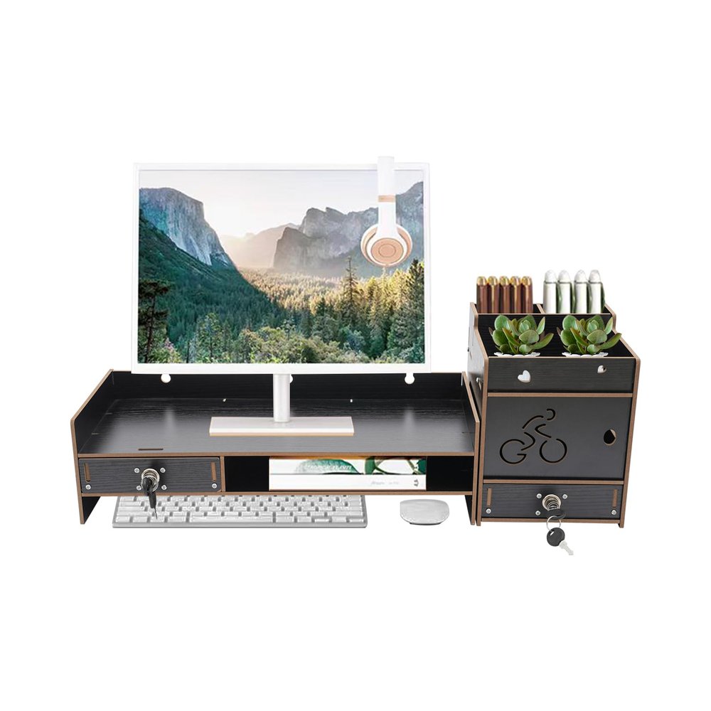 CURIEUYU Computer Monitor Riser Desk Stand, Desktop Storage Organizer with Drawer for Laptop, Computer (Black)