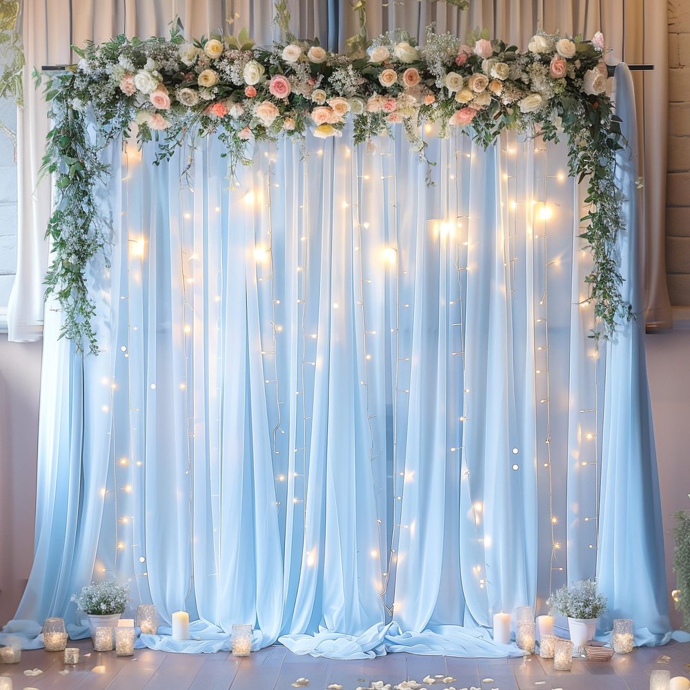 10ft x 10ft Blue Backdrop Curtain with Lights String for Parties, Sheer Tulle Wedding Photo Backdrops Drapes for Baby Shower Birthday Party Decorations Background for Photography