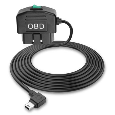 MEIRIYFA OBD OBD2 Power Cable for Dash Camera OBD to Mini USB Right Angle Hardwire Charger 90 Degree Wire Cord,12V-24V to 5V 3A 24 Hours Surveillance/Acc Mode with Switch Button (Mini USB)