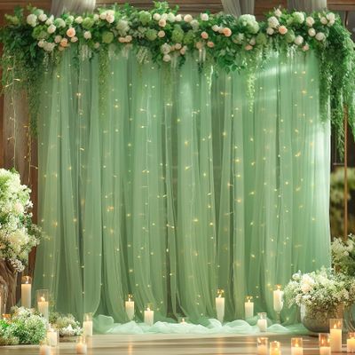 10ft x 8ft Green Backdrop Curtain with Lights String for Parties, Sheer Tulle Wedding Photo Backdrops Drapes for Baby Shower Birthday Party Decorations Background for Photography