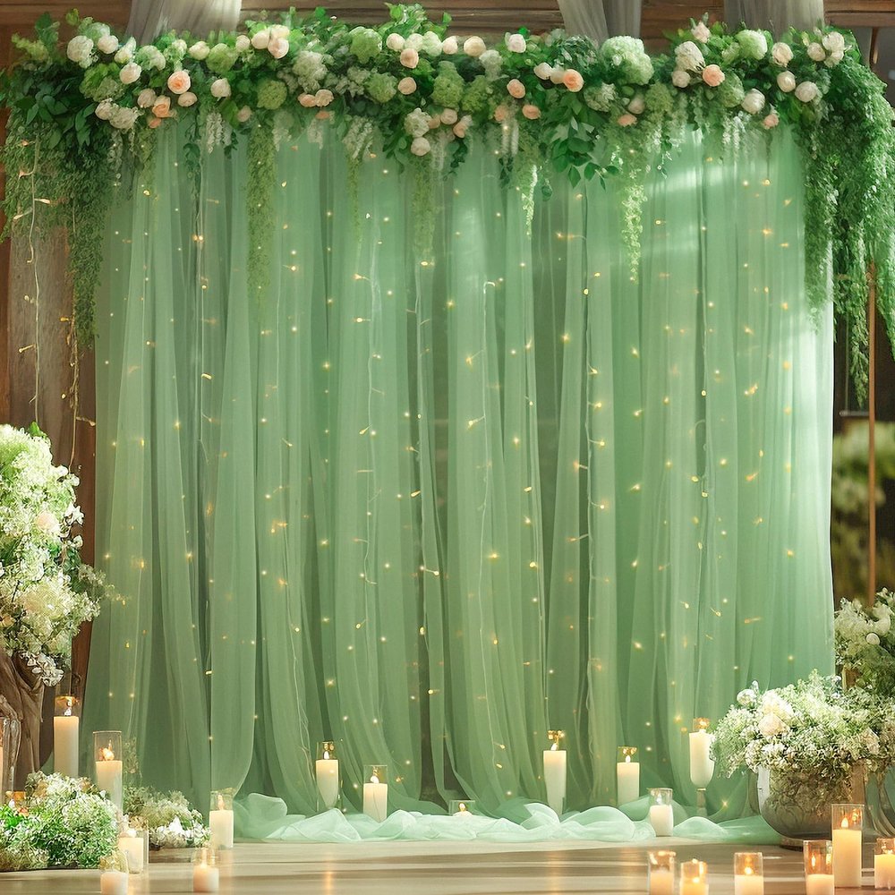 10ft x 8ft Green Backdrop Curtain with Lights String for Parties, Sheer Tulle Wedding Photo Backdrops Drapes for Baby Shower Birthday Party Decorations Background for Photography