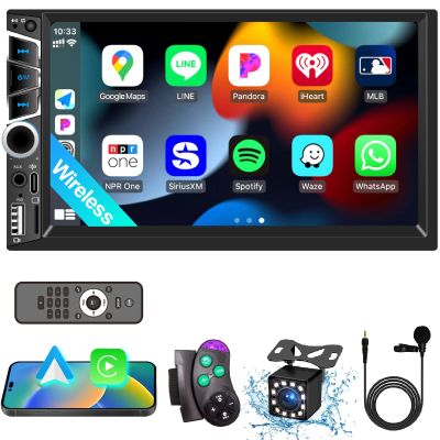 7" Double Din Car Stereo with Wireless Apple CarPlay,Car Radio Build-in Bluetooth 5.2,IPS Touchscreen 1024x600,FM Radio,Backup Camera,Dual USB,Type-C Fast Charging,GPS Navigation,Subwoofer,Car Play