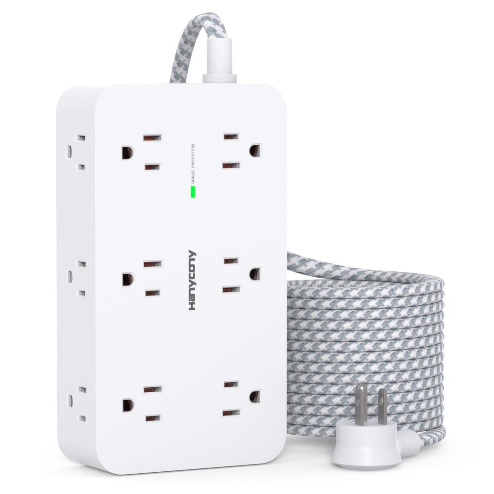 Extension Cord 15 Ft, HANYCONY Power Strip Surge Protector 12 Outlets 4 USB Ports (2 USB C), Large Desk Power Strip with Long Cord, Flat Plug, Wall Mount for Office Home College Dorm Room Essentials