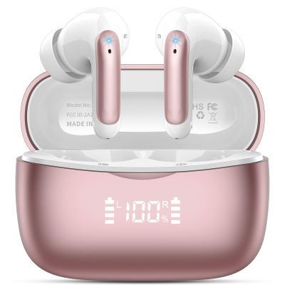 Wireless Earbuds, Bluetooth 5.3 Headphones Stereo Deep Bass with LED Display, 56H Playtime with Noise Cancelling Mic, IPX7 Waterproof in Ear Earbuds, for laptops/tablets/mobile phones/sports, Rose