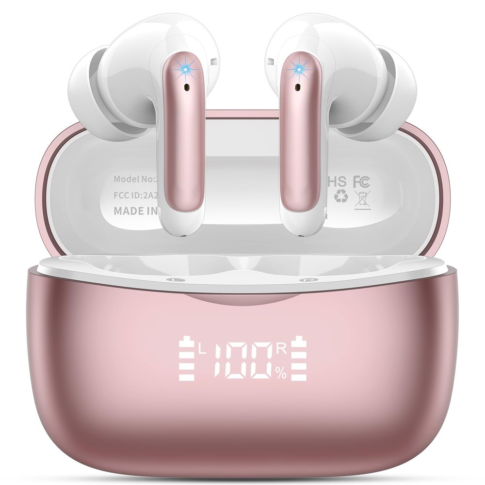 Wireless Earbuds, Bluetooth 5.3 Headphones Stereo Deep Bass with LED Display, 56H Playtime with Noise Cancelling Mic, IPX7 Waterproof in Ear Earbuds, for laptops/tablets/mobile phones/sports, Rose