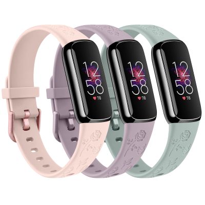3 Pack Rose Butterfly Engraved Bands for Fitbit Luxe Band for Women, Soft Elegant Floral Pattern Band Compatible with Fitbit Luxe Watch Bands, Light Pink/Taro Purple/Light Turquoise