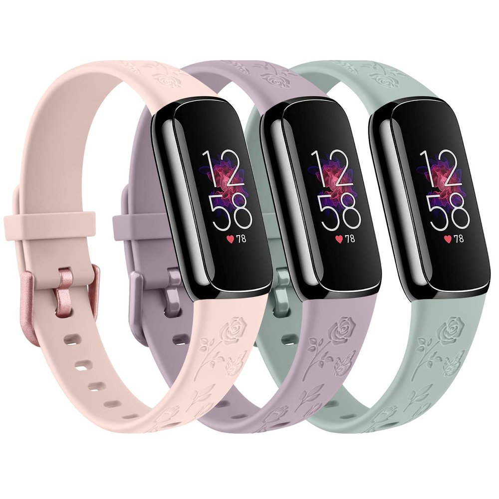 3 Pack Rose Butterfly Engraved Bands for Fitbit Luxe Band for Women, Soft Elegant Floral Pattern Band Compatible with Fitbit Luxe Watch Bands, Light Pink/Taro Purple/Light Turquoise