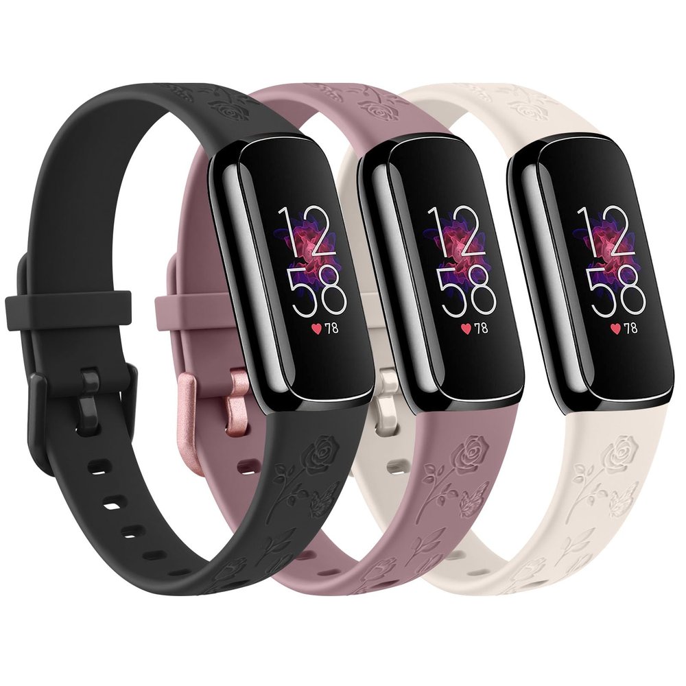 3 Pack Rose Butterfly Engraved Bands for Fitbit Luxe Band for Women, Soft Elegant Floral Pattern Band Compatible with Fitbit Luxe Watch Bands, Black/Starlight/Mauve Purple
