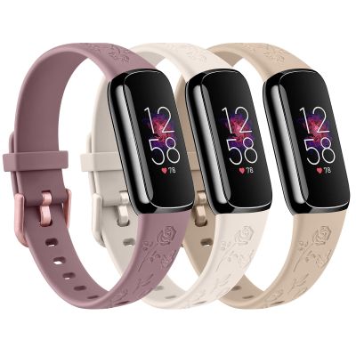 3 Pack Rose Butterfly Engraved Bands for Fitbit Luxe Band for Women, Soft Elegant Floral Pattern Band Compatible with Fitbit Luxe Watch Bands, Beige/Starlight/Mauve Purple