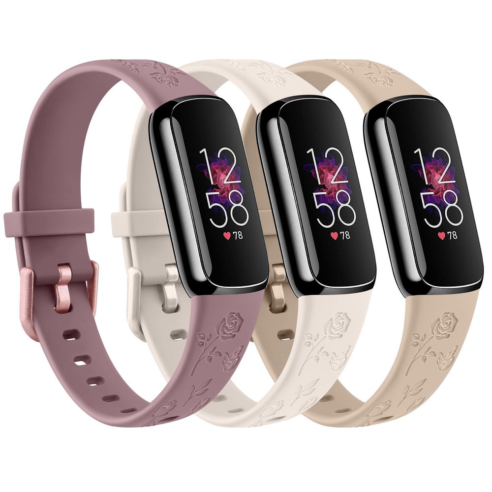 3 Pack Rose Butterfly Engraved Bands for Fitbit Luxe Band for Women, Soft Elegant Floral Pattern Band Compatible with Fitbit Luxe Watch Bands, Beige/Starlight/Mauve Purple