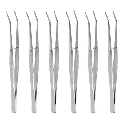HARFINGTON 6pcs Stainless Steel Tweezers 6.1" Long Handle Curved Silver