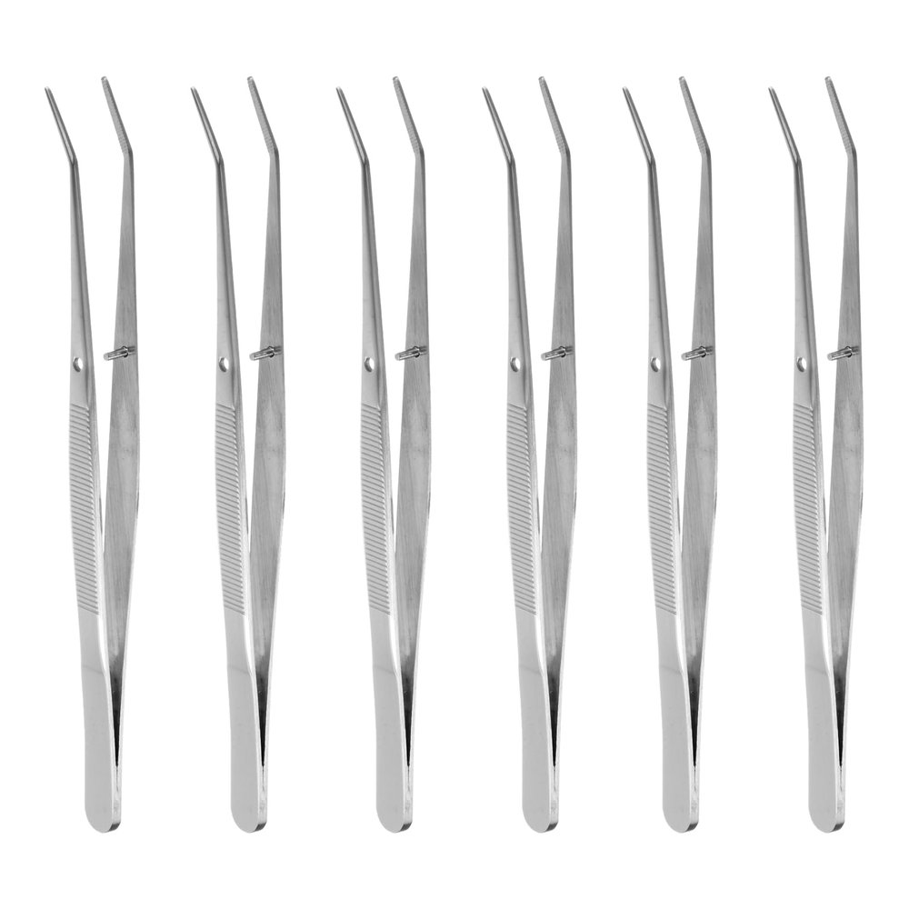 HARFINGTON 6pcs Stainless Steel Tweezers 6.1" Long Handle Curved Silver