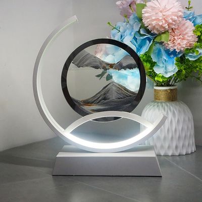 ADFLTFC Moving Sand Art Pictures, LED Sand Art Lamp Deep Sea Sandscape Painting Round Glass Flowing Sand Painting Night Light Decoration for Desktop Home Office(Gray)