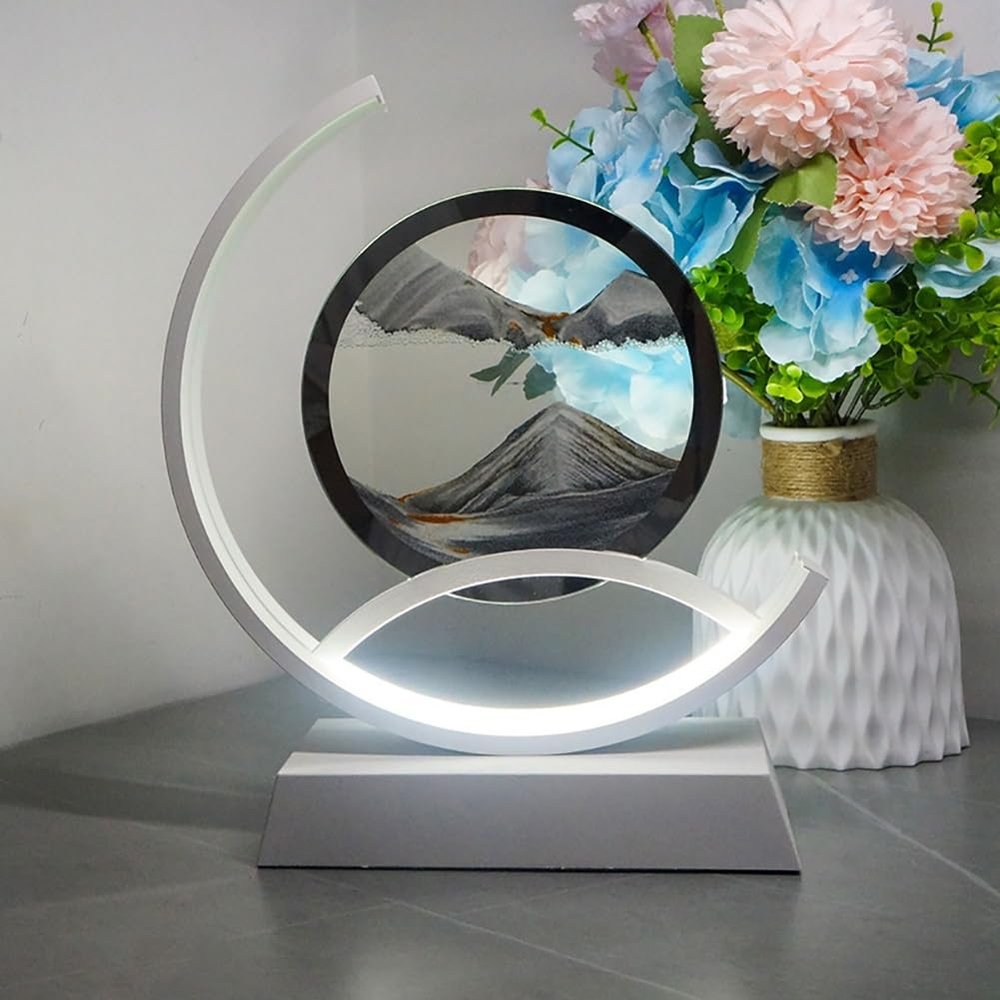 ADFLTFC Moving Sand Art Pictures, LED Sand Art Lamp Deep Sea Sandscape Painting Round Glass Flowing Sand Painting Night Light Decoration for Desktop Home Office(Gray)