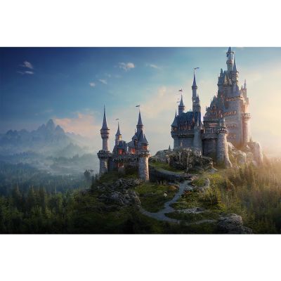 Magical Castle Backdrop Fantasy Castle with Rugged Path on Mountain Photography Background Mountains Pine Trees Under Dark Blue Sky Landscape Background Decorations Fantasy Castle Backdrop 9x6ft