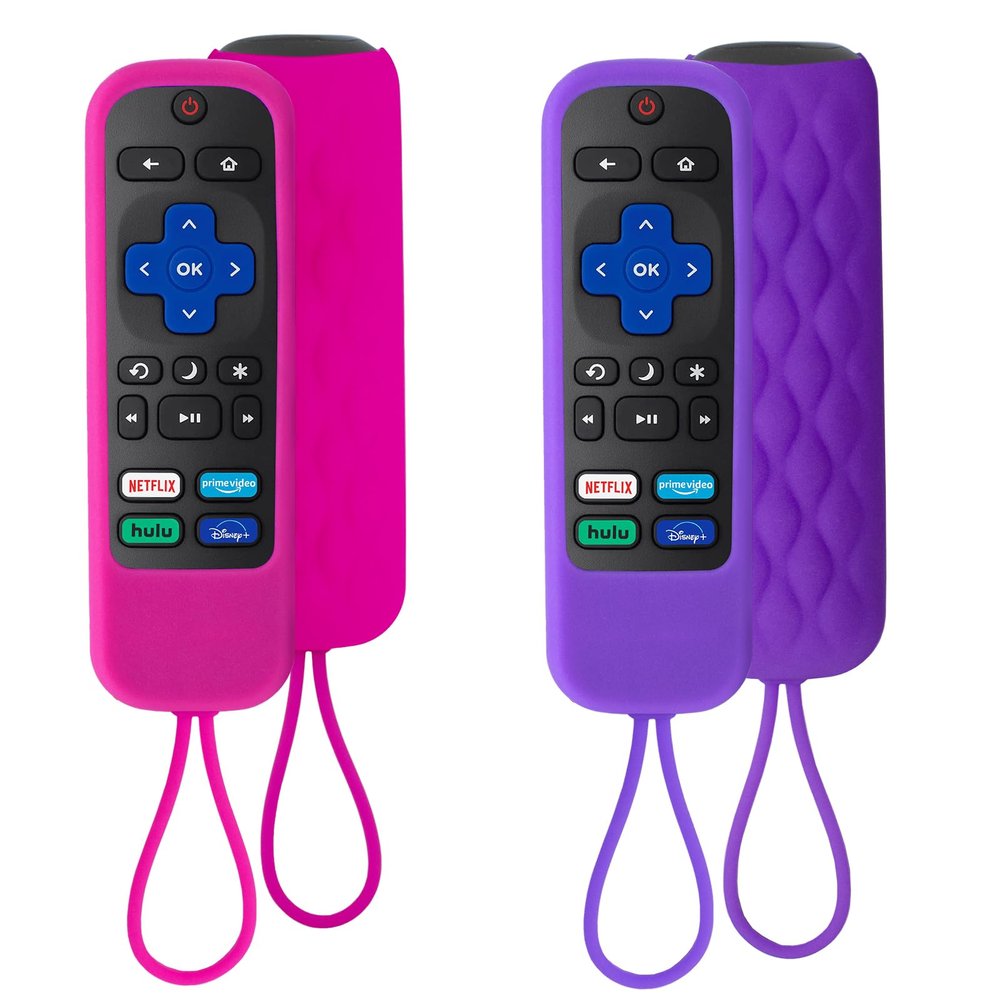 2 Pack Case for Roku Express/Streaming Stick/Premiere - Silicone Remote Cover for TCL Hisense Roku TV Remote (Purple not Glow + Rose not Glow)