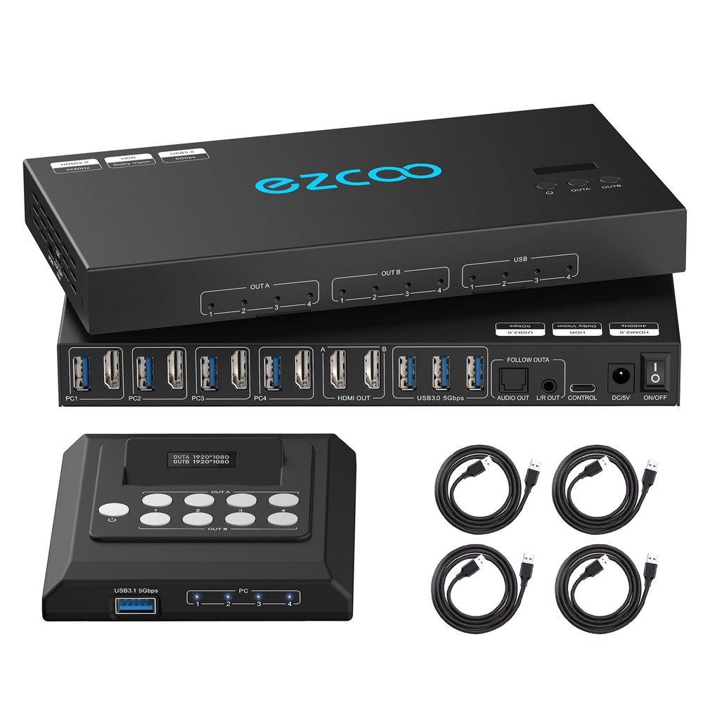 4K@60Hz HDMI 2.0 KVM Switch 4x1 for 4PC Share 2 Displays and 4 USB 3.0 Ports SPDIF L/R Audio,Copy/Extended Mod compatibile with Windows, Unix and Mac OS X