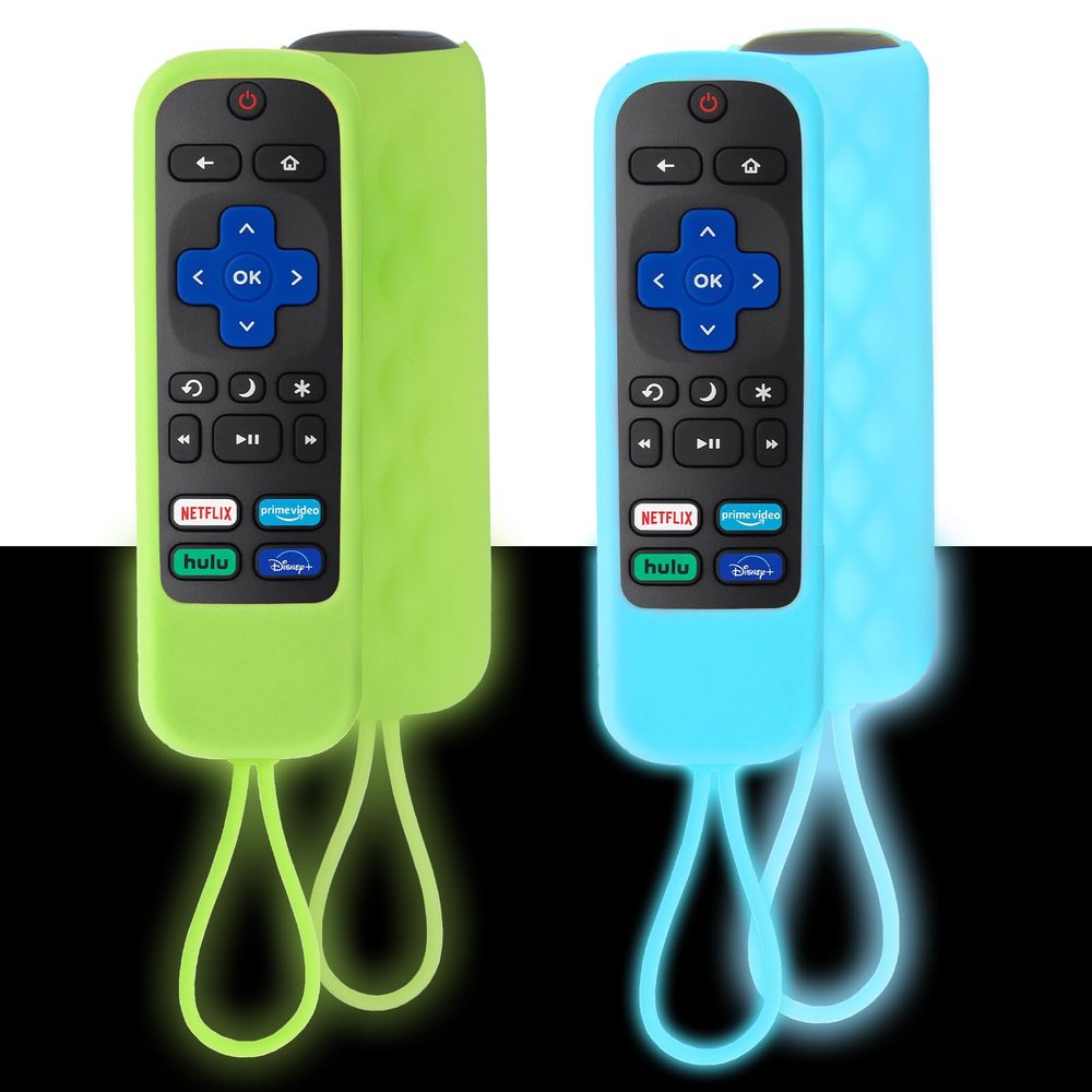 2 Pack Case for Roku Express/Streaming Stick/Premiere - Silicone Remote Cover for TCL Hisense Roku TV Remote (Glow Green+Glow Blue)