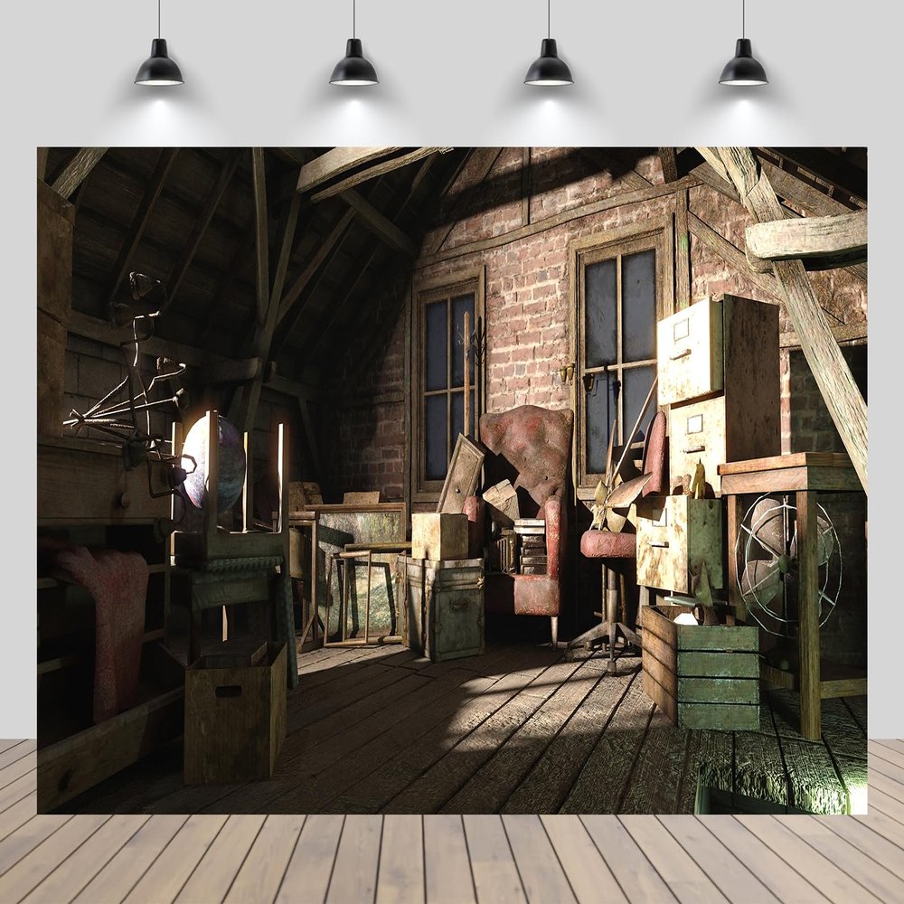 CHNYWORK 8x6ft Haunted House Backdrop Abandoned Attic Brick Wall Wooden Floor Classic Horror Movie Game Scene Background Halloween Monster Ghost Party Decoration Portrait Photo Booth Studio Props