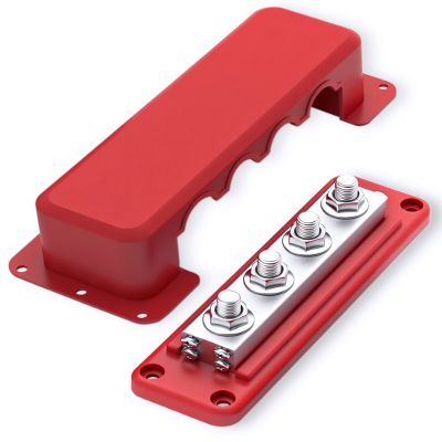 AMOMD 600A Heavy-Duty Bus Bar Nickel Plated Copper Distribution Terminal Block with Cover 4 M10 (3/8 in) Studs & 8 Screws Buss Bar for Solar RV Marine Car Audio 12-48V DC Battery System (Red)
