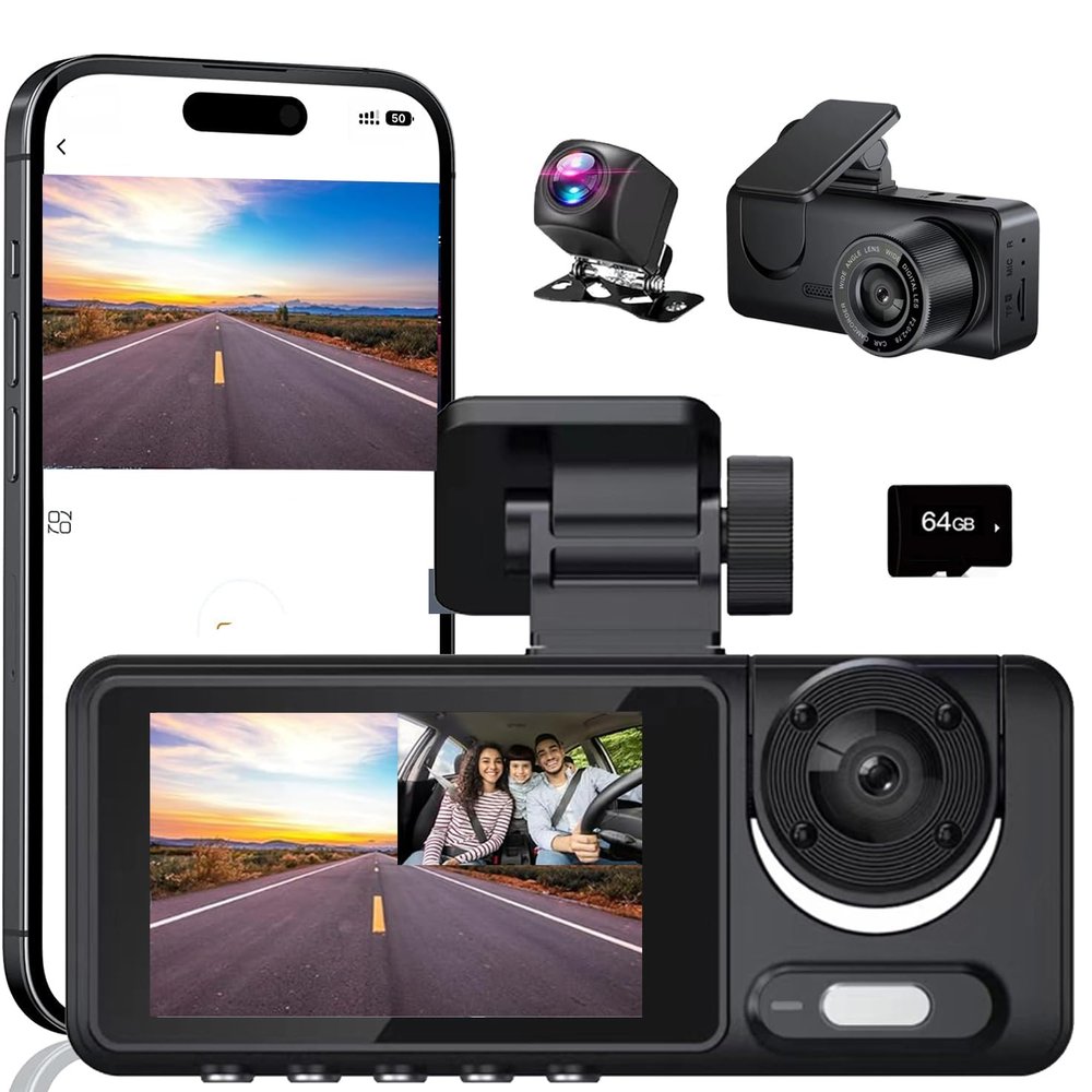 3 Channel Dash Cam, Dash Camera, 1080P Full UHD Car Camera Front and Rear Inside with 64GB Card,Built-in Super Night Vision,2.0'' IPS Screen,170Wide Angle,WDR, 24H Parking Mode, Loop Recording