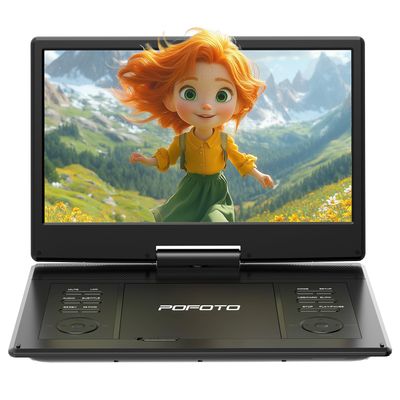 POFOTO 15.7" Portable DVD Player with 14.1" HD Swivel Screen, 6-Hour Rechargeable Battery, Dual Speakers, USB/SD/TV Sync, Supports Multiple Disc Formats, Black [Not Support Blu-Ray]