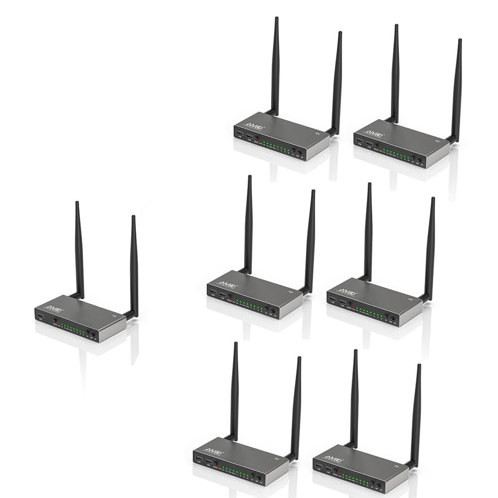 AIMIBO HDMI Wireless Transmitter & 6 Receivers 1080P, Multiple TXS & RXs, 5.8G HDMI Extender with KVM, IR Remote, Loop-Out, 656FT, Stream Video Audio for Laptop, Satellite to TV, Projector, Monitor
