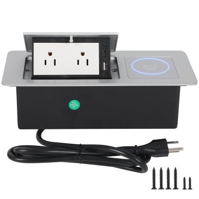 Table Pop Up Outlet Automatic Pop Up Strip Center Countertop Recessed Power Strip with 15W Wireless Charger + USB A + USB C + 2AC 5.9Ft Cord for Conference Desk Office Kitchen (Silver-Wireless)
