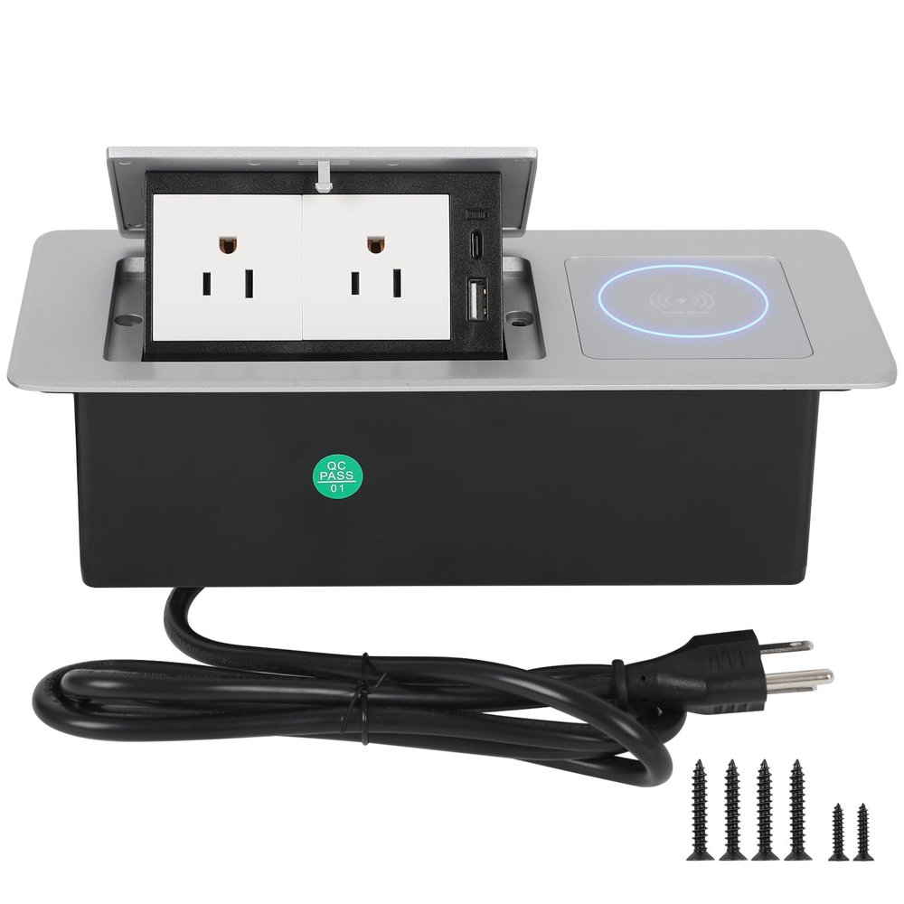 Table Pop Up Outlet Automatic Pop Up Strip Center Countertop Recessed Power Strip with 15W Wireless Charger + USB A + USB C + 2AC 5.9Ft Cord for Conference Desk Office Kitchen (Silver-Wireless)