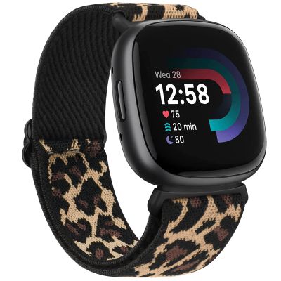 Amzpas Bands Compatible with Fitbit Versa 4 Band/Fitbit Versa 3 Bands/Fitbit Sense Band/Fitbit Sense 2 Band for Women Men, Soft Elastic Nylon Band Replacement for Fitbit Versa 4/ Sense 2, Leopard