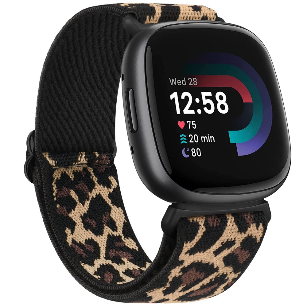 Amzpas Bands Compatible with Fitbit Versa 4 Band/Fitbit Versa 3 Bands/Fitbit Sense Band/Fitbit Sense 2 Band for Women Men, Soft Elastic Nylon Band Replacement for Fitbit Versa 4/ Sense 2, Leopard