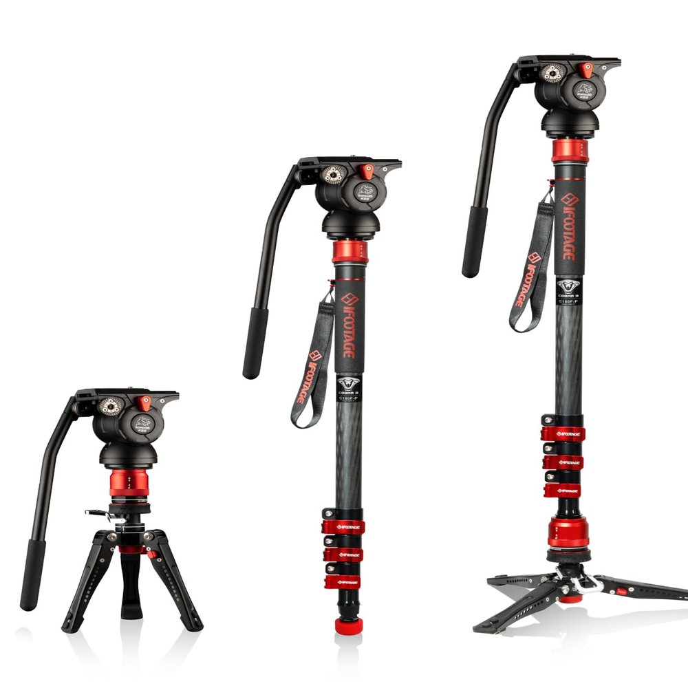 IFOOTAGE Monopod with Fluid Head Cobra 3 C180F-P + K5S, Carbon Fiber Monopod with Feet for DSLR Cameras - Canon, Nikon, Sony, Olympus, Panasonic, Payload 17.64Lbs/8KG