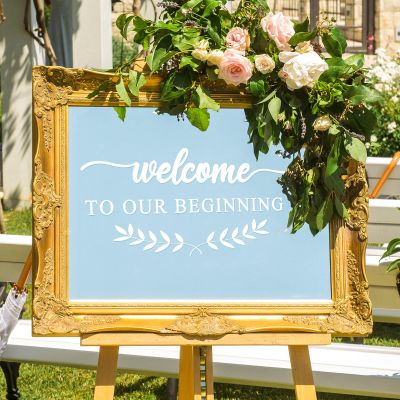 Dunzoom 2 Pcs Welcome to Our Beginning Mirror Decals Wedding Welcome Sign Removable Mirror Lettering Vinyl Decal Sticker for Wedding Engagement Marriage Reception Decor