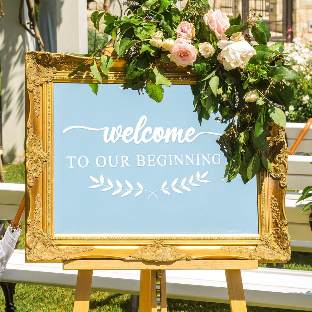 Dunzoom 2 Pcs Welcome to Our Beginning Mirror Decals Wedding Welcome Sign Removable Mirror Lettering Vinyl Decal Sticker for Wedding Engagement Marriage Reception Decor