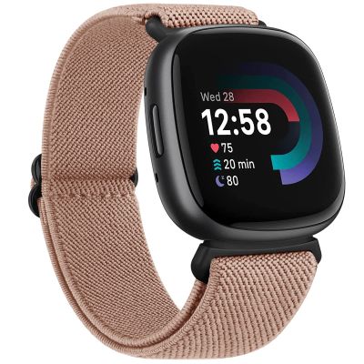 Amzpas Bands Compatible With Fitbit Versa 4/3, Sense/Sense 2 - Soft Elastic Nylon Replacement Band for Women Men, Beige