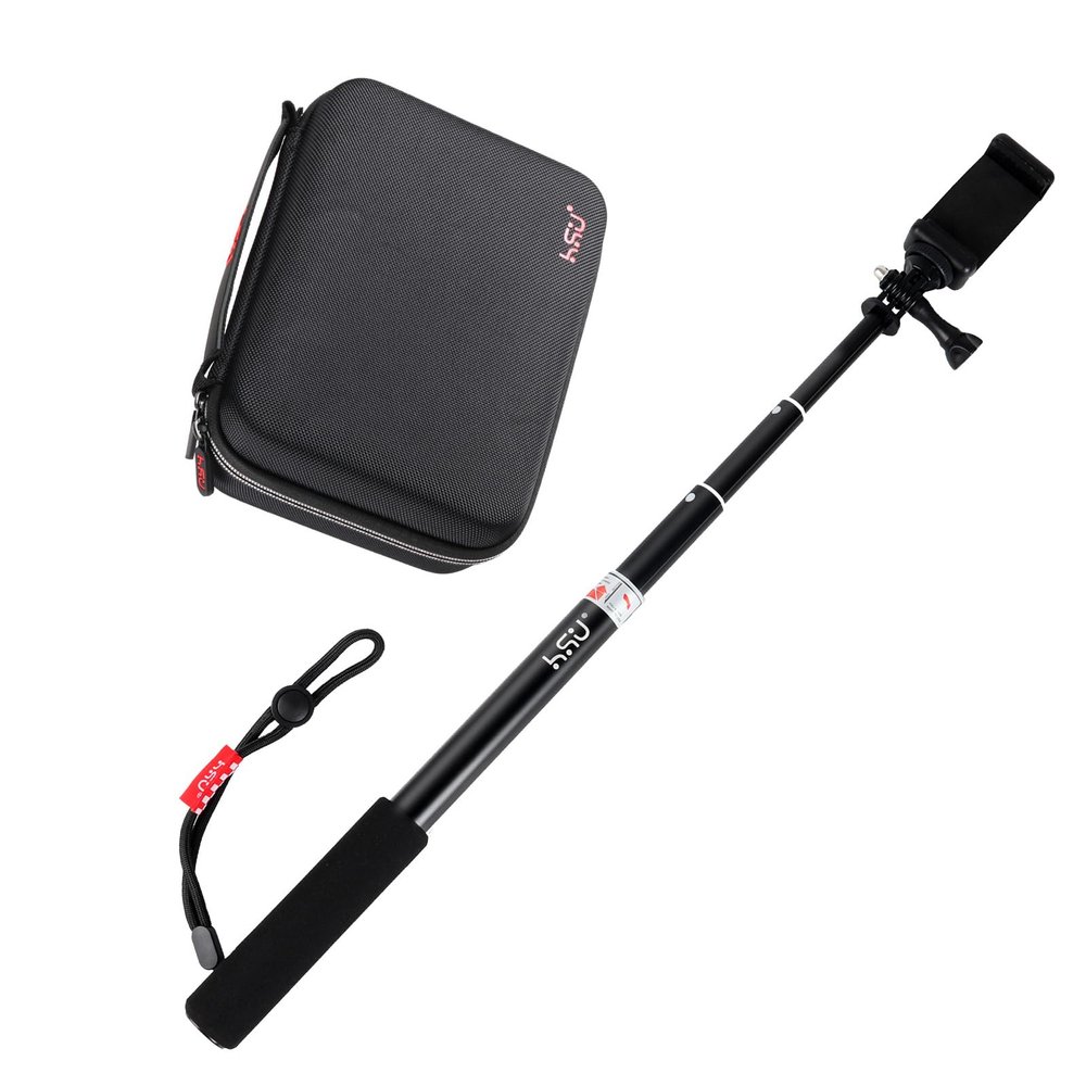 HSU Large Carrying Case and Extendable Selfie Stick for Action Camera