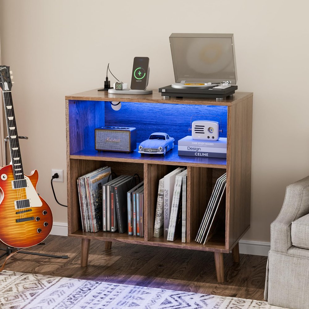 VINGLI Record Player Stand with Open Vinyl Storage, Mid-Century Album Storage Table with LED Light up to 300 Albums, Vinyl Record Player Shelf with Power Outlet for Living Room, Walnut