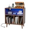 VINGLI Record Player Stand with Open Vinyl Storage, Mid-Century Album Storage Table with LED Light up to 300 Albums, Vinyl Record Player Shelf with Power Outlet for Living Room, Walnut view 2