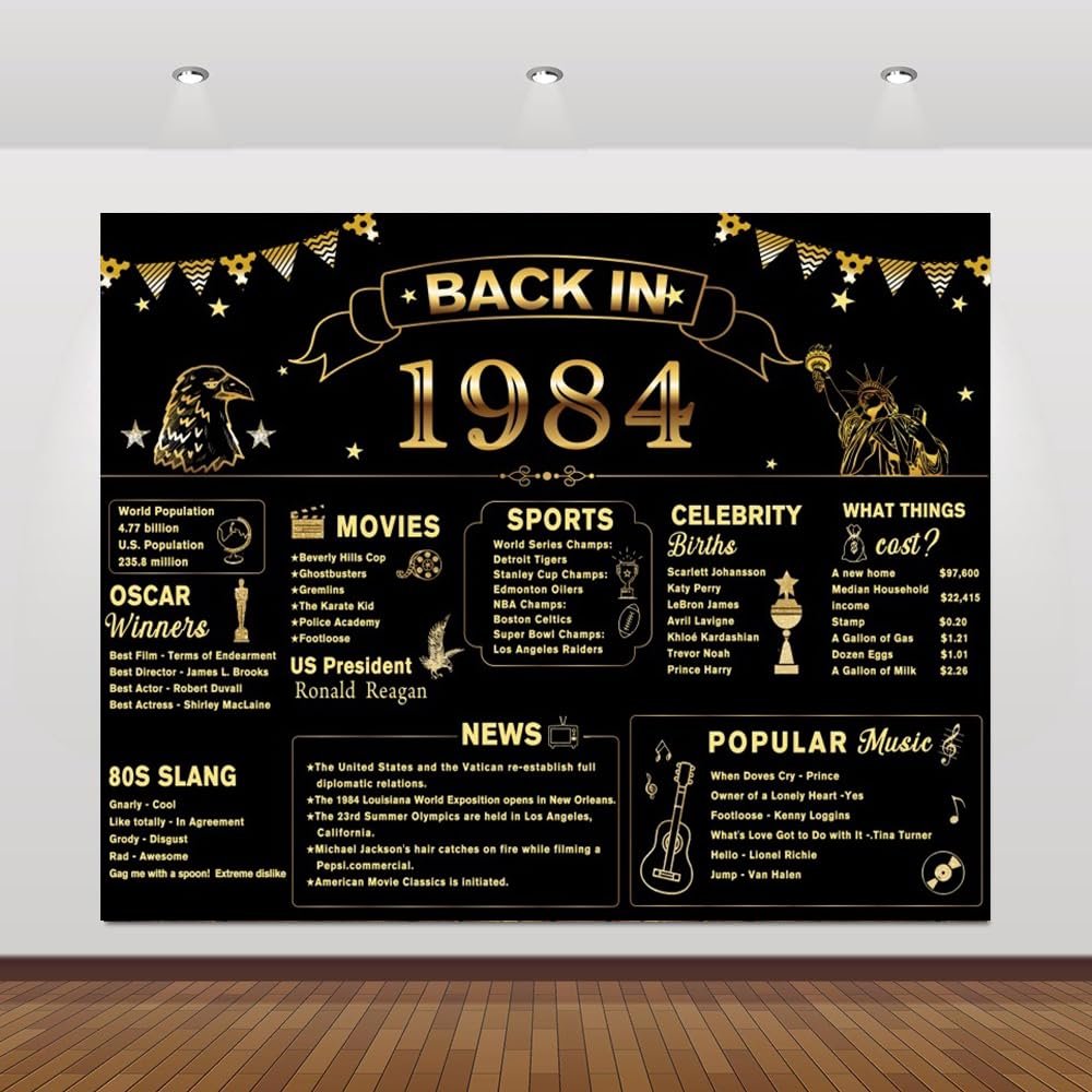 40th Birthday Photo Backdrop 10x5ft Vinyl Back in 1984 Photography Backdrops Black Gold Birthday Photoshoot Background Men or Women 40 Years Old Birthday Party Background Decor Props Supplies