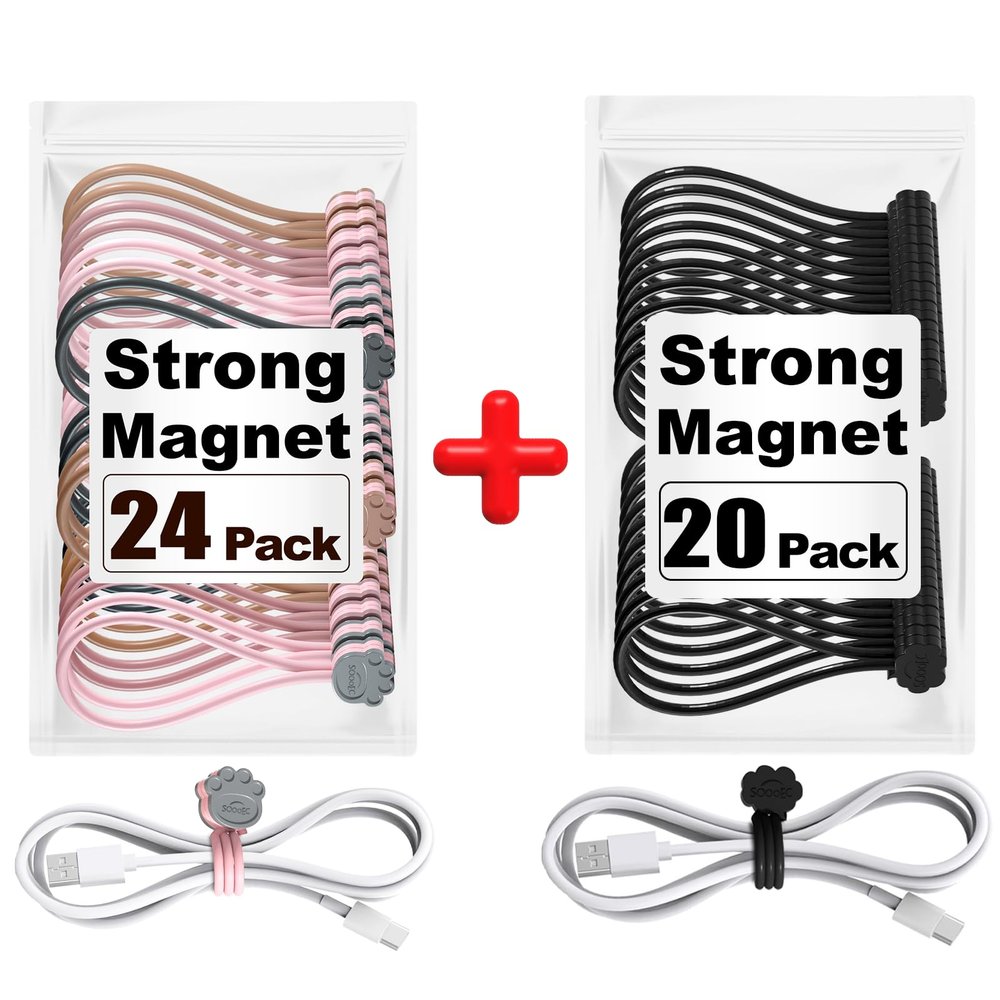 20 + 24 Pack Magnetic Cable Ties, Cute Cloud Design + Cute Cat's Paw Design, Great for Bundling and Organizing, Holding Stuff, Book Markers, Fridge Magnets