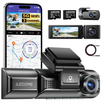 AZDOME M550 Pro 3 Channel Dash Cam with 128GB Card and 20ft 4 Pin Extension Cable