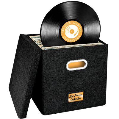 Aolawco Vinyl Record Storage Box for 13 inch Records, Folding LP storage boxes Holds up to 100+ Single Records, Records Organizer for Albums, CDs, Passports, Magzine, Files - Black