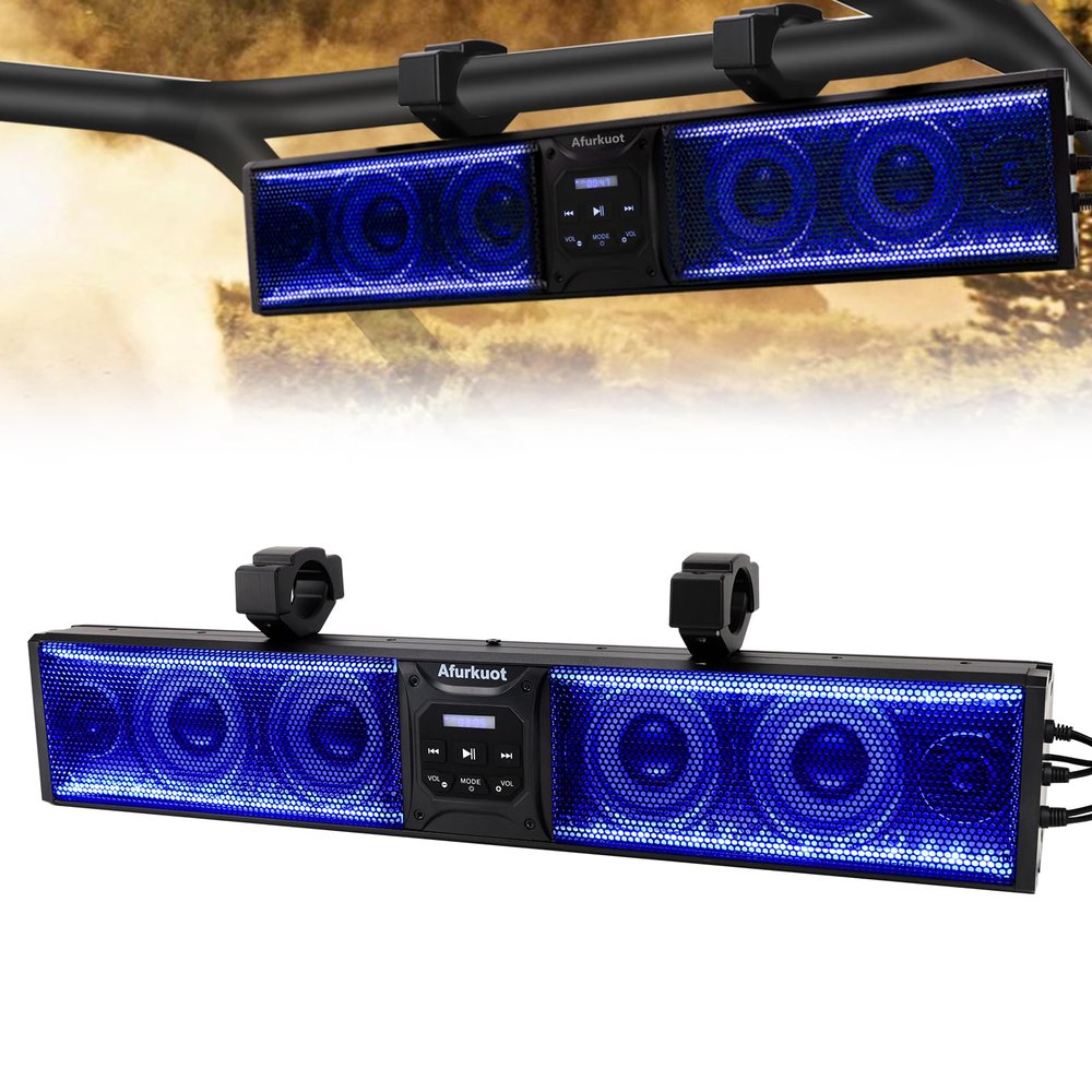 Afurkuot 26-Inch UTV Sound Bar, Waterproof Multicolor Music Sync 6-Speaker ATV Golf Cart Sound Bar with Back Light Strip, Power Bluetooth Soundbar for ATV UTV Golf Cart w/1.75-2.25 Roll Bar