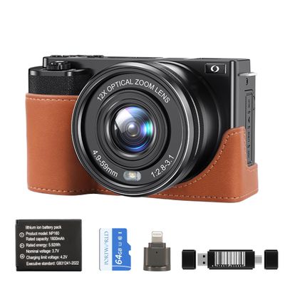 Cameras for Photography 12X Optical Zoom: 64MP 4K Digital Camera with 1/2.8-Inch Sensor, Auto-Focus Video Camera Built-in Wi-Fi Includes 64GB Memory Card